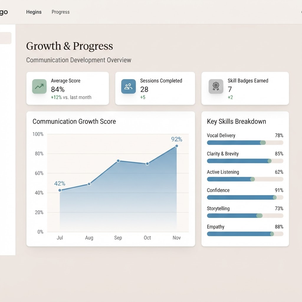 Preview of the progress dashboard showing a growth chart and skills breakdown